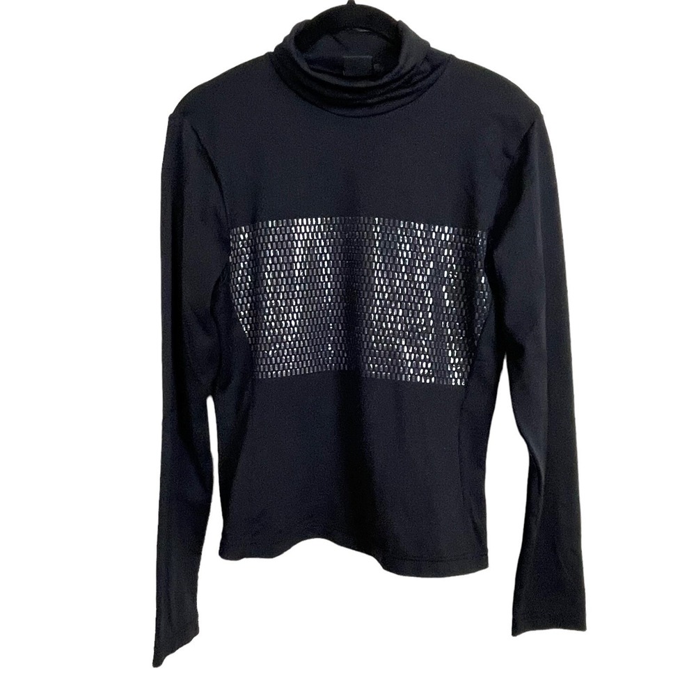 Nils Sportswear Mock Neck Top Women M Black Silver Studded Long Sleeve Excellent